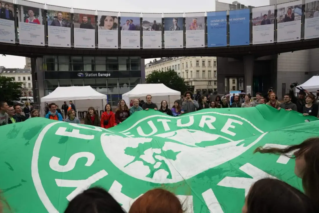 Tents at the entrance of the European Parliament in Brussels.